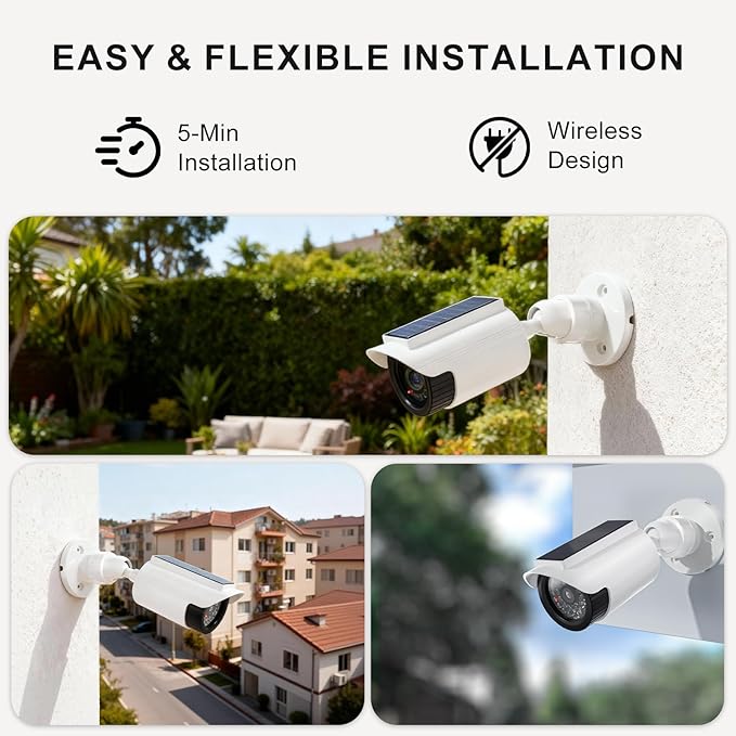 WALI Fake Dummy Camera, Solar Powered Fake Security Camera with LED Light, for Inside Outside Decoy Simulated Surveillance Security CCTV Dome Cameras with Warning Sticker (SOLTC-W4), 4 Packs, White