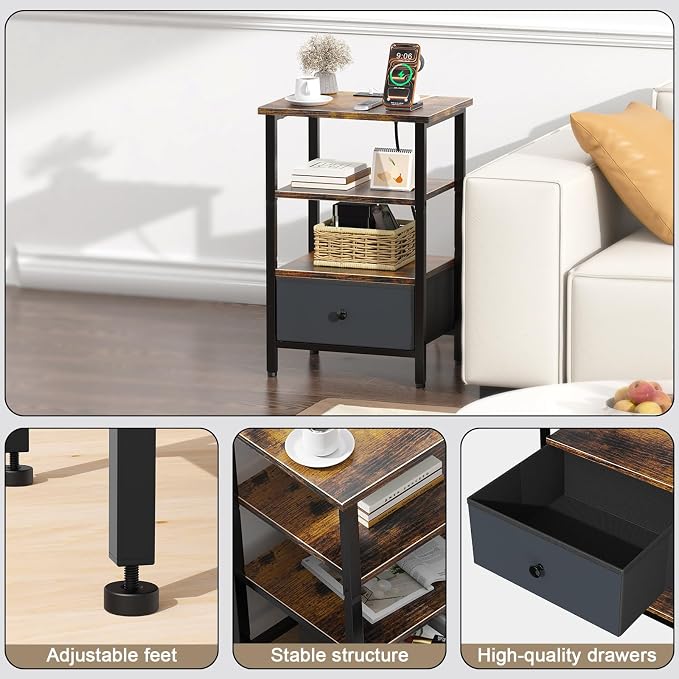 Side Table with Charging Station, Nightstand with Adjustable Fabric Drawer - Image 5