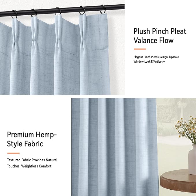 Pinch Pleated Full Blackout Faux Linen Curtains 96 Inches Long | Chambray Blue - Image 8