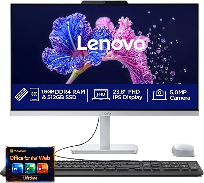 Lenovo 24" FHD All-in-One Desktop Computer - 32GB RAM - 1TB SSD - Intel 13th 8 Cores i3 CPU (Beat 11th i5) - Keyboard and Mouse - Windows 11 - Lifetime Office 365 for The Web