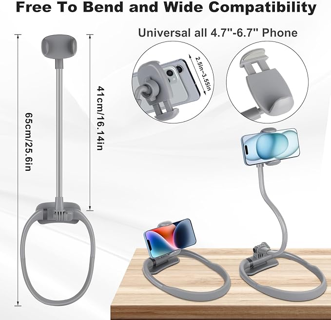 LOVFIVE Cell Phone Stand, Neck Cell Phone Holder for Bed, Hand Free POV/Vlog Selfie Phone Neck Holder for Recording, Universal Multi-Functional Flexible Phone Stand for 4.7''-6.7'' Phone