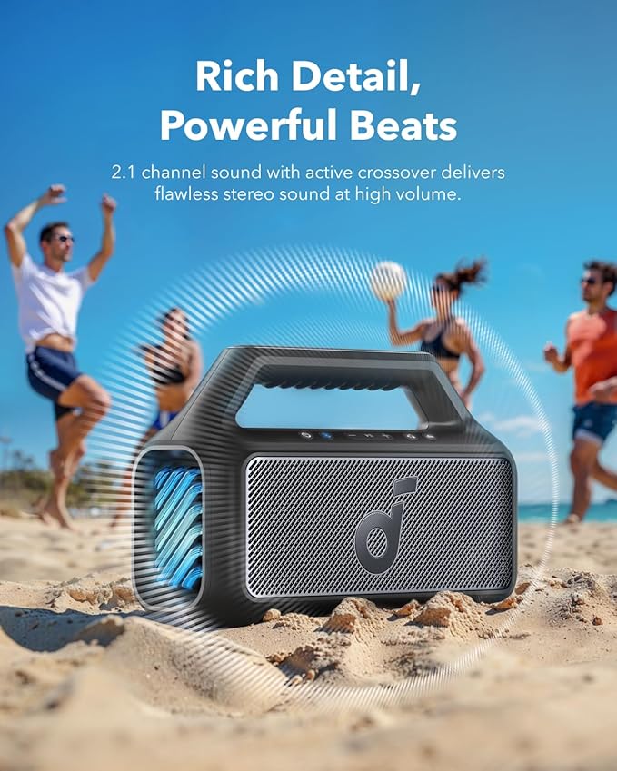 Soundcore Boom 2 by Anker, Outdoor Speaker, 80W, Subwoofer, BassUp 2.0, 24H Playtime, IPX7 Waterproof, Floatable, RGB Lights, USB-C, Custom EQ, Bluetooth 5.3, Portable for Camping and Beach - Black