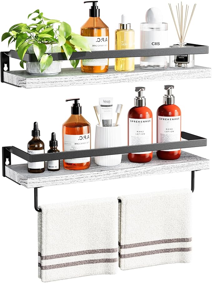 Amada Bathroom Shelves with Towel Bar, Protective Metal Guards, Paulownia Wood by AMADAHOMEFURNISHING