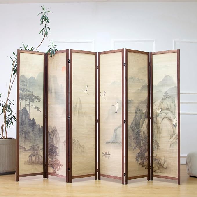 6 Panel Bamboo Room Divider, 5.6 ft Tall Double-Sided Folding Privacy Screen by Furnnylane
