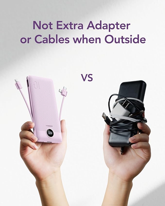 VEGER Portable Charger for iPhone Built in Cables and Wall Plug, 10000mah Slim Fast Charging USB C Power Bank, Travel Essential Battery Pack Compatible with iPhones, iPad, Samsung More Devices(Purple)