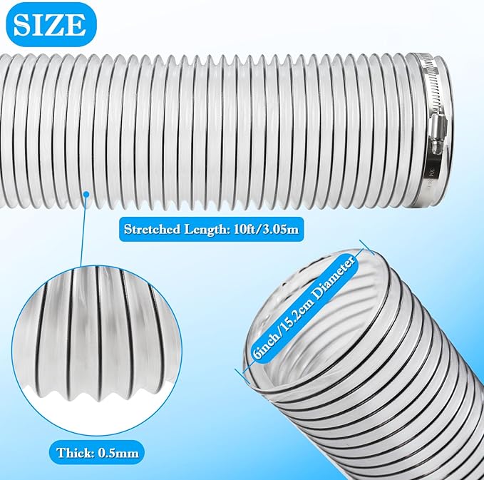 PVC Dust Collection Hose 6" x 10', Puncture Resistant 6 Inch Dust Collector Hose for Shop Vacuum,Woodworking Dust Collection Systems,Flexible Clear PVC Fume Debris Dust Hose Tube w/Carbon Steel Wire
