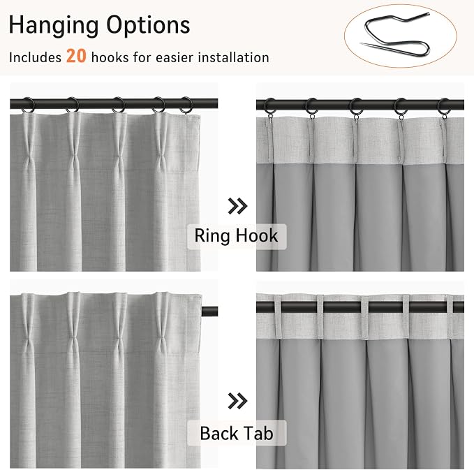 Pinch Pleated Full Blackout Faux Linen Curtains 80 Inches Long | Grey, 100% - Image 3