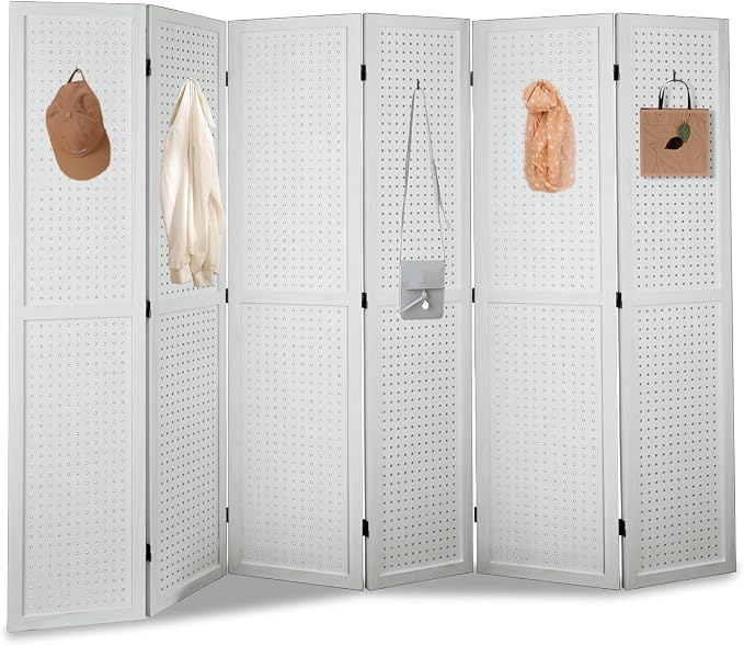 6 Panel Pegboard Room Divider | White Wood Folding Privacy Screen by Unknown