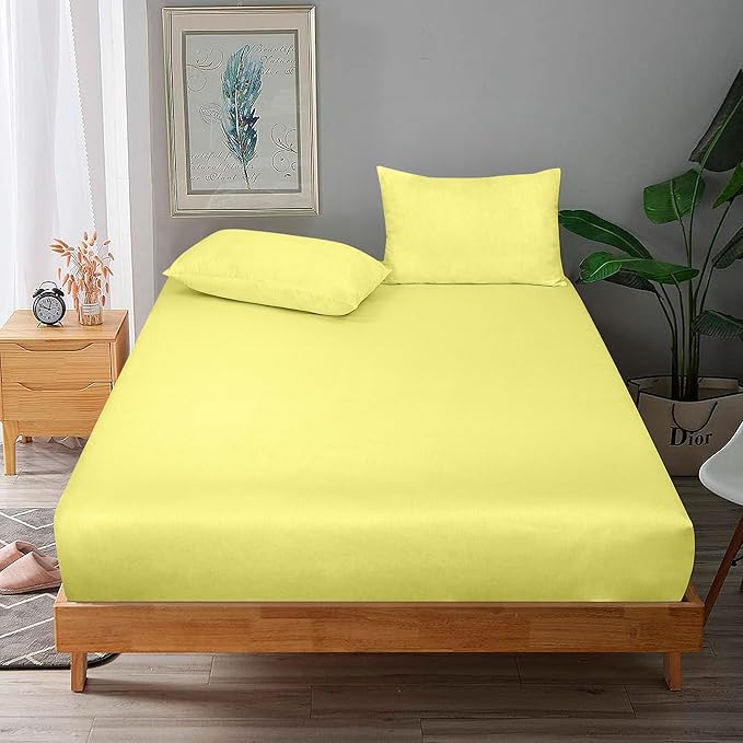 ROYALE LINENS 300 Thread Count 100% Long Staple Combed Cotton Fitted Sheet King - Super Soft Deep Pocket Bottom Sheet - Fitted Sheets Only - Elastic Sheets (King, Yellow)