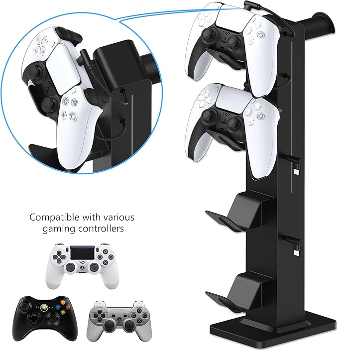 KAFRI RGB Gaming Headphone Stand with 8 Light Modes, Controller Holder for Desk - with Retractable Charger Cable - 2 Outlet Power & 4 Type-C Charging Port for PC Gamer Accessories(Black)