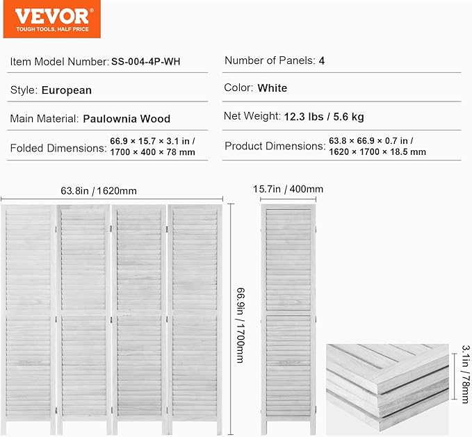 VEVOR Wood Room Divider, 4 Panel Folding Privacy Screen, 66.9 Inches Tall - Image 8