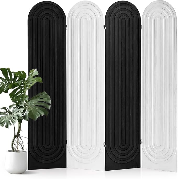 Wood Room Divider and Folding Privacy Screen 4 Panel White Black | Arched Room by Aletheiawu