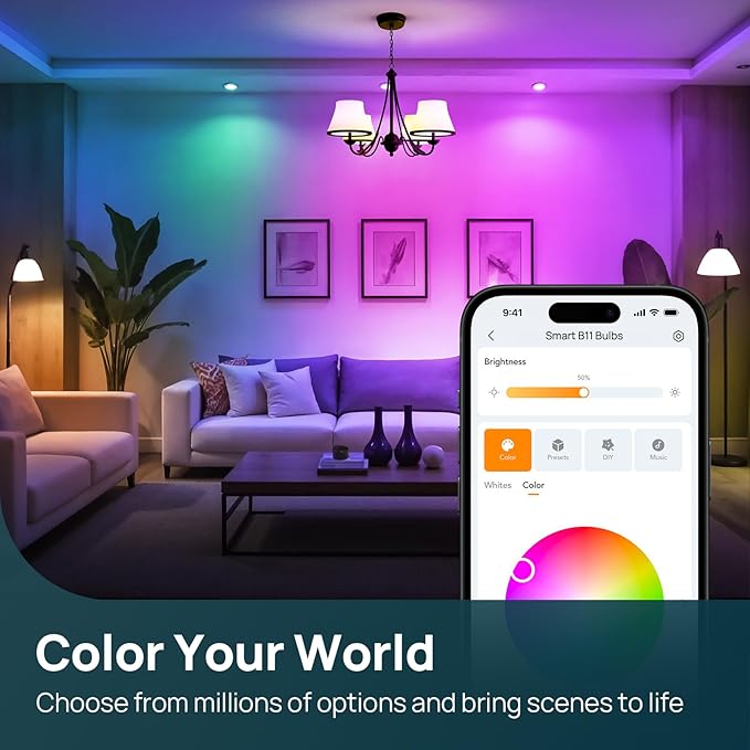 Linkind Matter Smart Bulbs, E12 Led Bulb Works with Alexa/Apple Home/Google Home, Smart Light Bulbs, WiFi Candelabra B11 Bulbs, RGBTW Color Changing Light Bulb, 2.4Ghz WiFi Bulb, 470 LM 6Pack