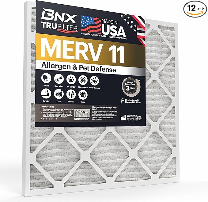 BNX TruFilter 16x24x1 Air Filter MERV 11 (12-Pack) - MADE IN USA - Allergen Defense Electrostatic Pleated Air Conditioner HVAC AC Furnace Filters for Allergies, Dust, Smoke, Allergy MPR 1200 FPR 7