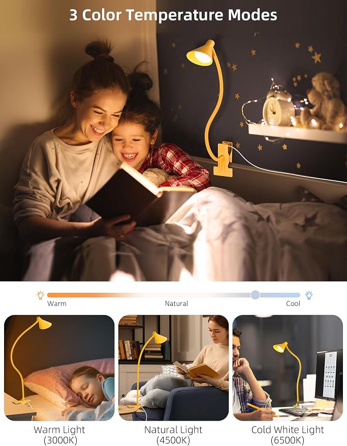 LiFMIRA Desk Lamp Clip on Lamp for Bed, LED Reading Light for Bed Yellow | 3 - Image 2