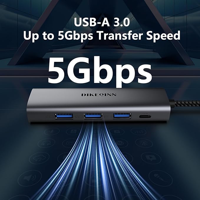 DIKEQINN 5-in-1 USB Hub with Gigabit Ethernet Ports and 3 USB 3.0 Ports, Suitable for USB-C/Type-C Interface laptops Such as MacBook Pro/Air, Dell XPS, Lenovo, Huawei, etc., Plug and Play(USB-A)
