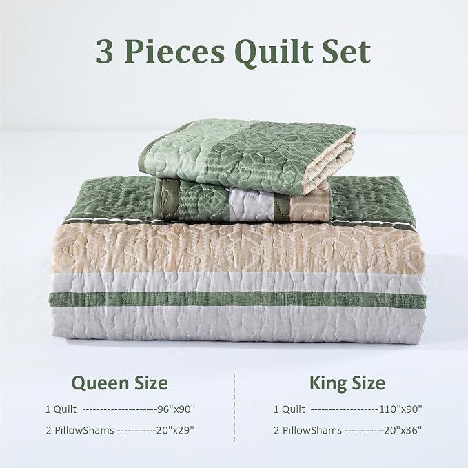Dobuyly Striped Quilt King Size, Boho Green Lightweight Bedspread Bedding | - Image 8