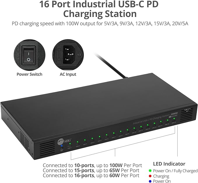 SIIG 16-Port Industrial USB-C PD Charging Station - 1000W - up to 10 USB-C 100W - up to 16 USB-C 60W (ID-US0C11-S1)