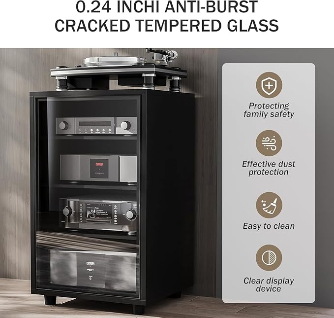 Grufle Media Storage Cabinet with Tempered Glass Door, 3 Adjustable Shelves Stereo Cabinet with Cable Management, AV Rack for Living Room/Gaming Setup/Home Studio Audio Rack (Black)