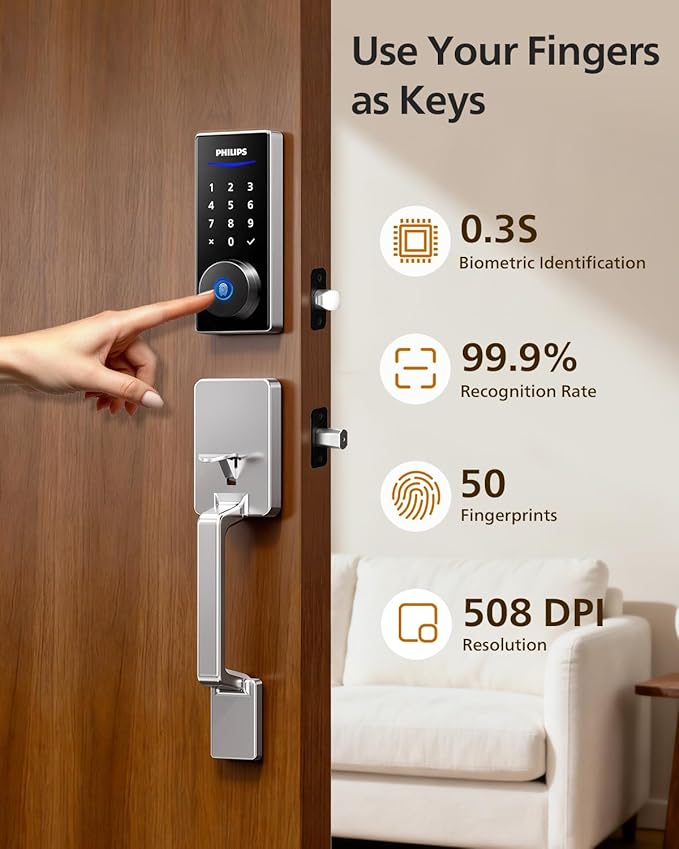 Philips Wi-Fi Smart Lock with Handle, Keyless Entry Keypad Door Lock with Handle, Front Door Deadbolt Set with Gateway, App Control, Fingerprint Unlock, PIN Code Unlock, Auto Locking, Touchscreen