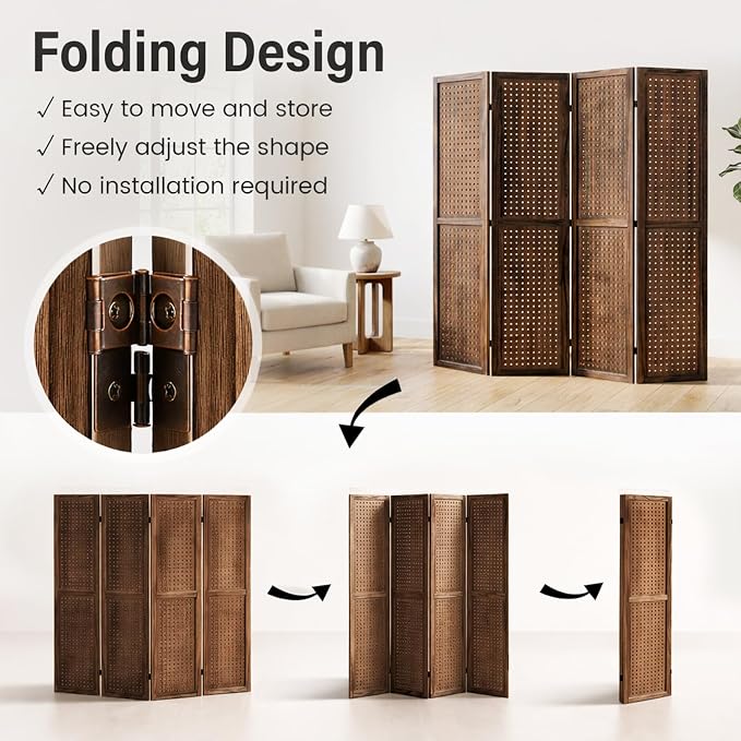 4 Panel Pegboard Room Divider, Folding Privacy Screen, Freestanding Wooden - Image 6