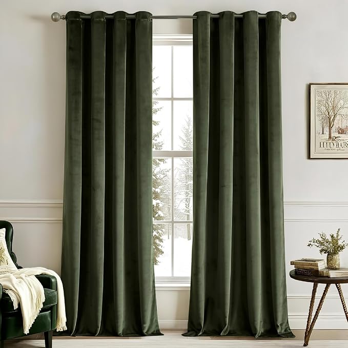 MIULEE Olive Velvet Curtains Green 52 x 90 Inch Length Set of 2 | Grommet Drapes by MIULEE