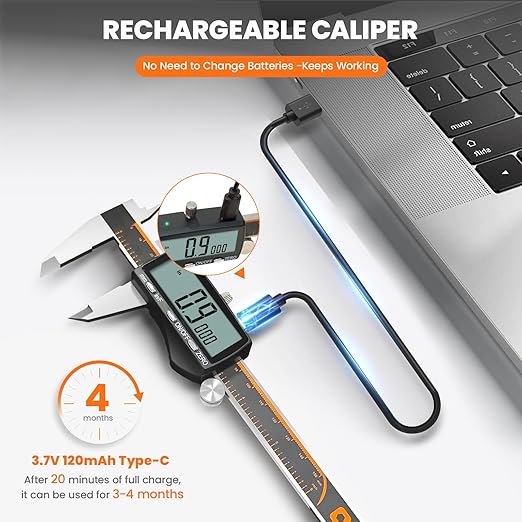 HARDELL Digital Caliper, Rechargeable Calipers with Large LCD Screen, Stainless Steel Caliper Measuring Tool, Auto-Off Micrometer, Inch/MM/Fraction for DIY/Household/3D-printing