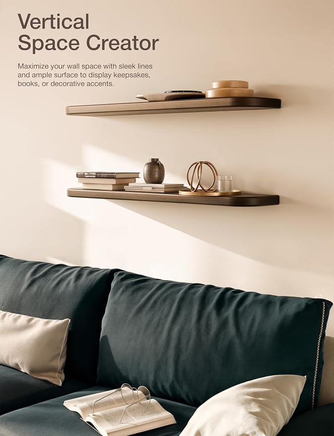 BATODA Floating Shelves for Wall, Round Edge, Walnut Color | Solid Acacia Wood - Image 7