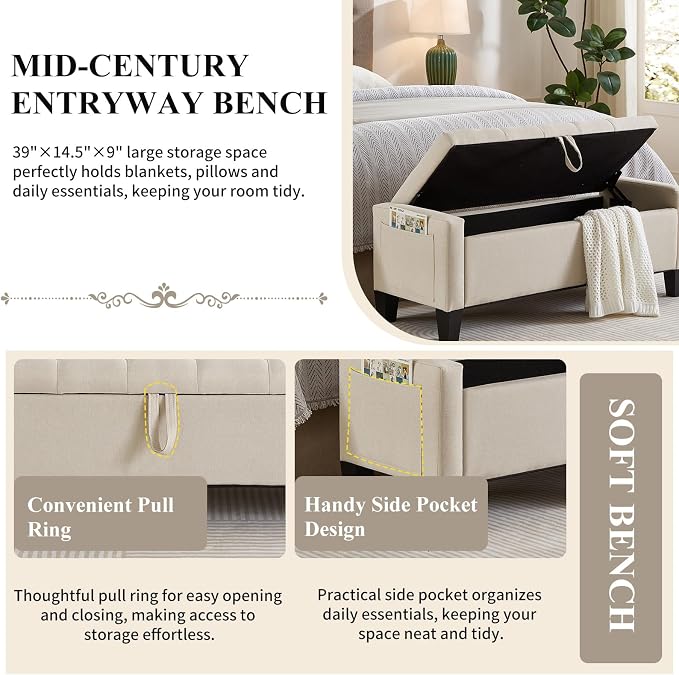 Modern Storage Ottoman Bench, Linen Upholstered End of Bed Bench - Image 5