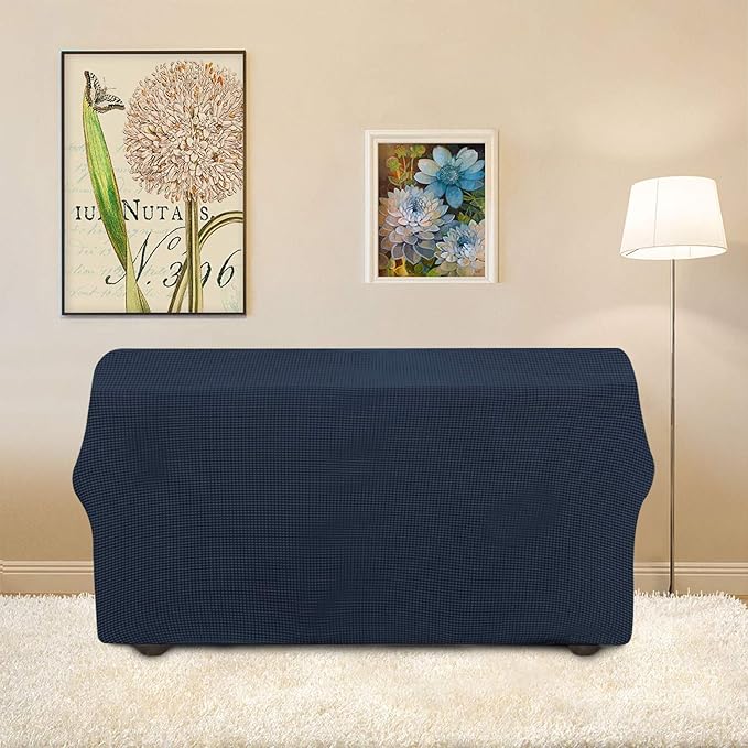 Easy-Going Stretch Loveseat Slipcover 1-Piece Sofa Cover Furniture Protector Couch Soft with Elastic Bottom for Kids Polyester Spandex Jacquard Fabric Small Checks (Loveseat, Dark Blue)