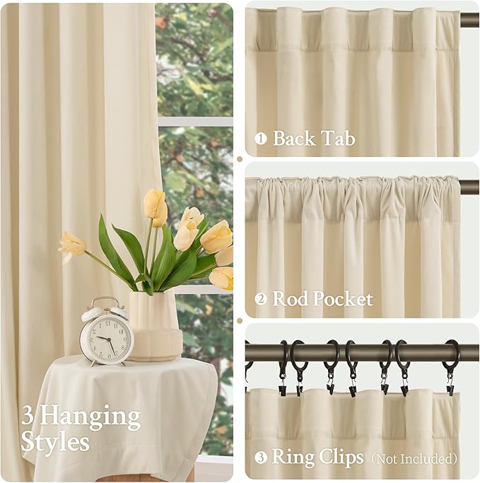 LAMIT Beige Velvet Curtains for Living Room 108 Inches Long, Elegant Thermal Insulated Room Darkening Drapes Noise Reducing Back Tab and Rod Pocket Panels for Bedroom, 2 Panels, 52 x 108 Inch