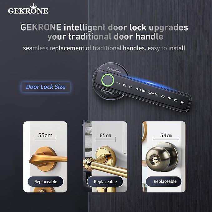 GEKRONE Fingerprint Smart Lever Lock TUYA APP Control Keyless Entry Bluetooth Touchscreen Indoor Handle Biometric Electronic Digital Door Knob with Keypad Suitable for Hotel Office Apartment Bedroom