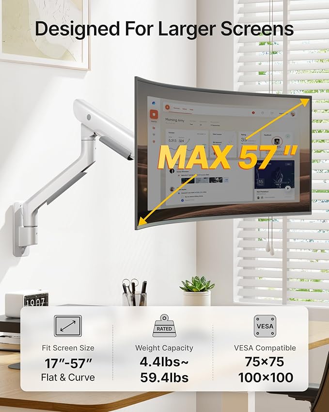 monTEK Heavy-Duty Single Monitor Wall Mount for 17-57” Ultrawide Screens up to 59.4lbs, Premium Aluminum Wall Mount Monitor Arm with Full Motion Adjustment, Pneumatic Lift, Max VESA 100x100