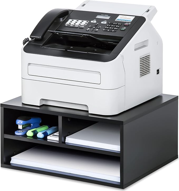 FITUEYES Large Printer Stands with 3 Storage Compartments, Desktop Paper Organizer Shelf for Home Office, 2-Tier Printer Riser, Black, 18.9" L x 15.7" W x 8.7" H