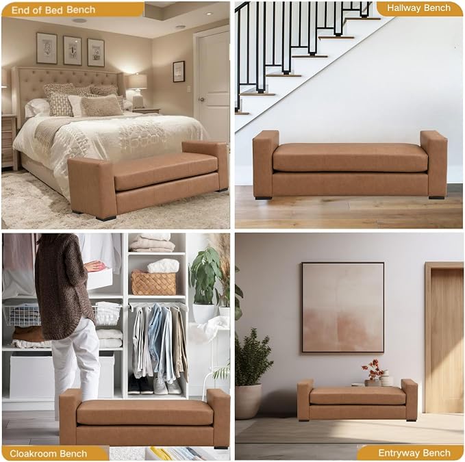 End of Bed Bench for Bedroom, 57.7'' Queen Size Vegan Leather Bench - Image 6