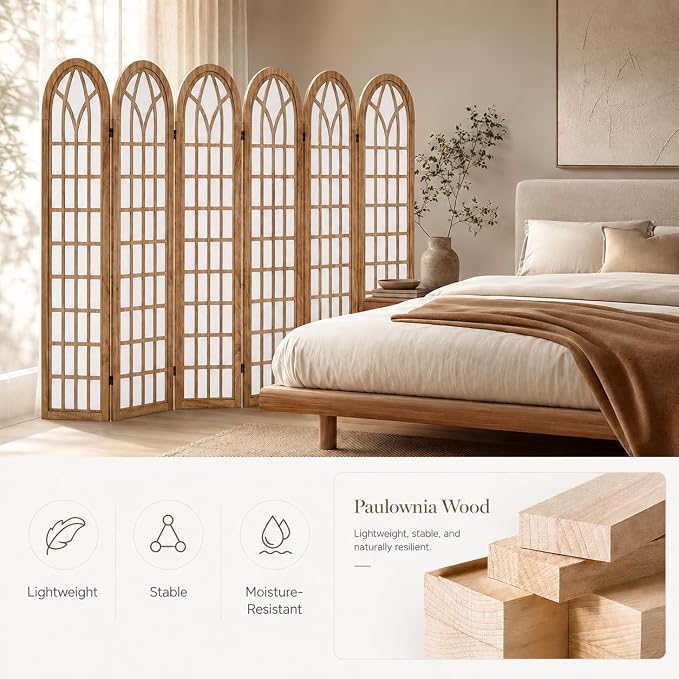 6 Panel Shoji Room Divider Folding Privacy Screen Light Brown | Freestanding - Image 4