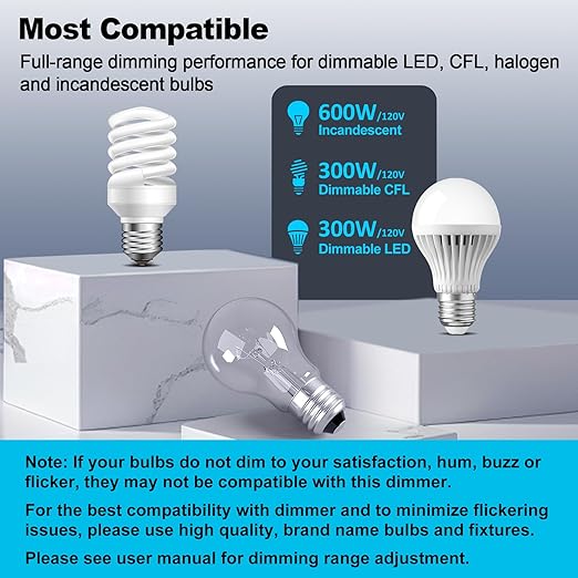 BESTTEN Super Slim Dimmer Light Switch, Quiet Rocker, Max 300W LED, CFL, 600W Incandescent, Single Pole or 3 Way Dimmable Switch with Screwless Wallplate, ETL Listed, 3 Pack, White
