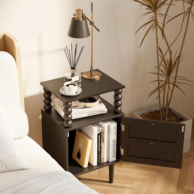 Nightstand with Storage Drawer and Open Wood Shelf, Solid Wood Legs | - Image 5