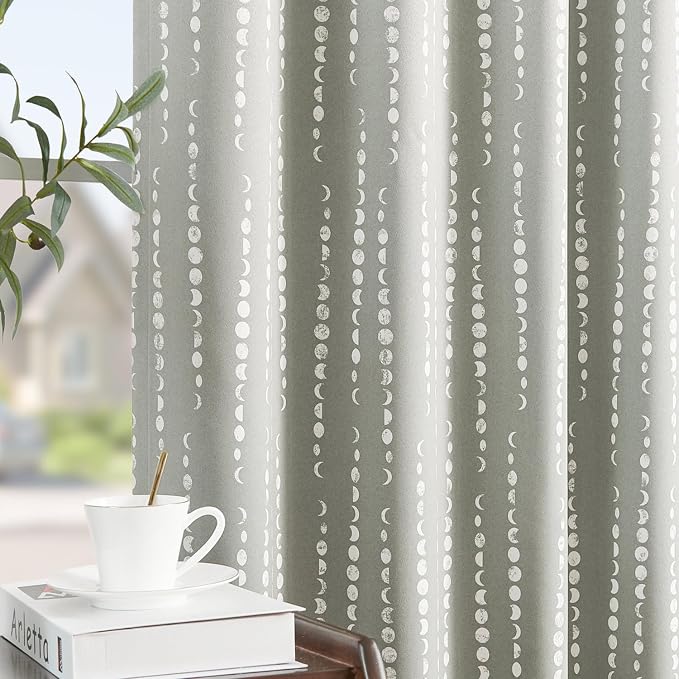 jinchan Boho Blackout Curtains 63 Inch Length Moon Phase Printed Drapes | Grey by JINCHAN