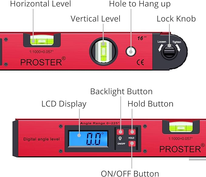 Proster Digital Angle Finder Gauge - 0~225° Angle Gauge LCD Digital Protractor Spirit Level Meter for Carpenter Woodworking Home Decoration