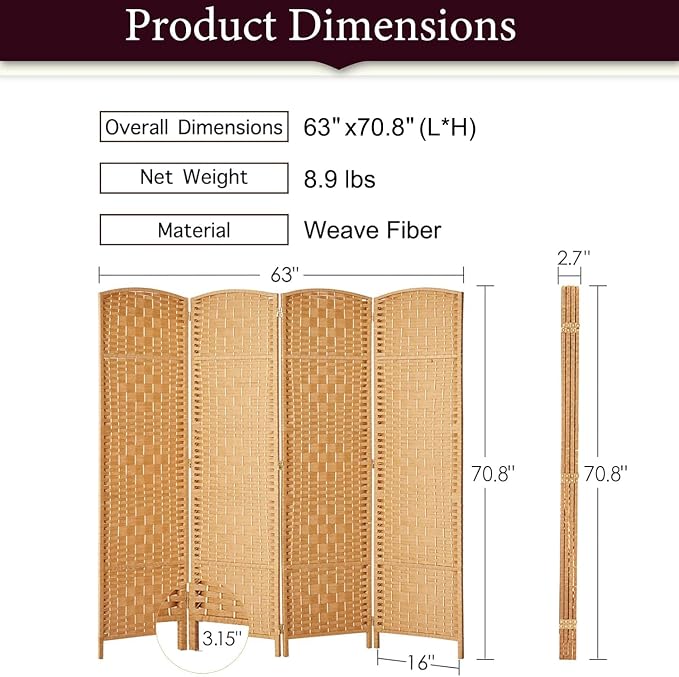 RHF Room Divider Panel, 4 Panel Partition Room Dividers Screen, Light Beige | - Image 3