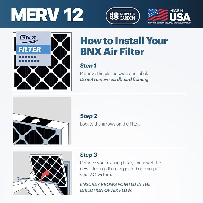 BNX TruFilter 18x18x1 MERV 12 Odor Defense (2-Pack) AC Furnace Air Filter with Activated Carbon - MADE IN USA - Pleated Air Conditioner HVAC AC Furnace Filters - Removes Odor, Mold, Bacteria, Smoke