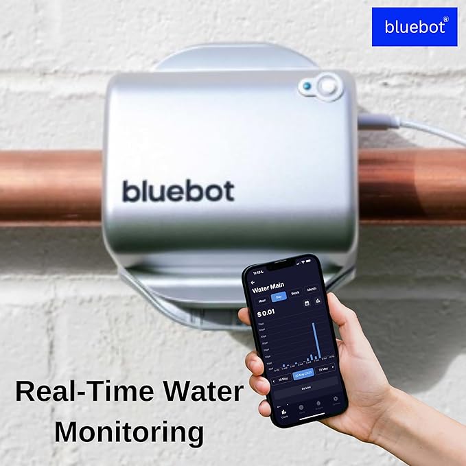 Bluebot WiFi Smart Water Flow Meter, Clamp-On Leak Detector with Real-Time Monitoring, Remote Access, Easy Install, Fits 3/4” to 2” Pipes – Includes Fiber Cloth – Water Usage & Leak Alerts