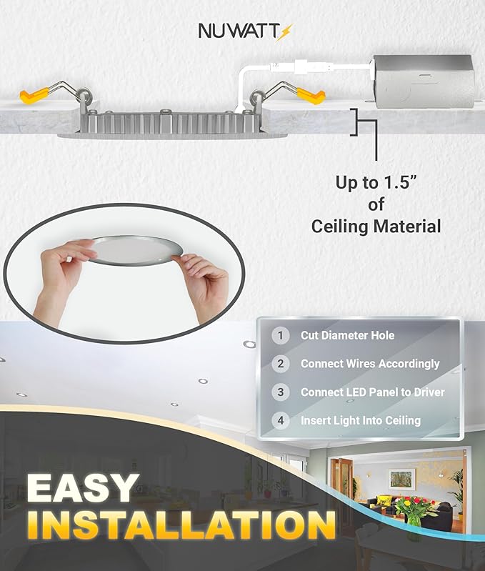 NUWATT 12 Pack, 4 Inch Ultra-Thin Recessed LED Lights Brushed Nickel, 5CCT 2700K/3000K/3500K/4000K/5000K Selectable, 630LM, 9W, IC Rated, Dimmable Canless Downlight With Junction Box, Energy Star, ETL