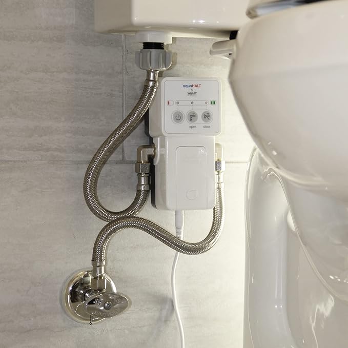 aquaHALT Smart Home Water Toilet Leak Detector Alarm and Automatic Shut Off Valve - Water Sensor Alarm Shut Off Tool - Easy Installation - Battery Operated - Protect Your Home from Water Damage