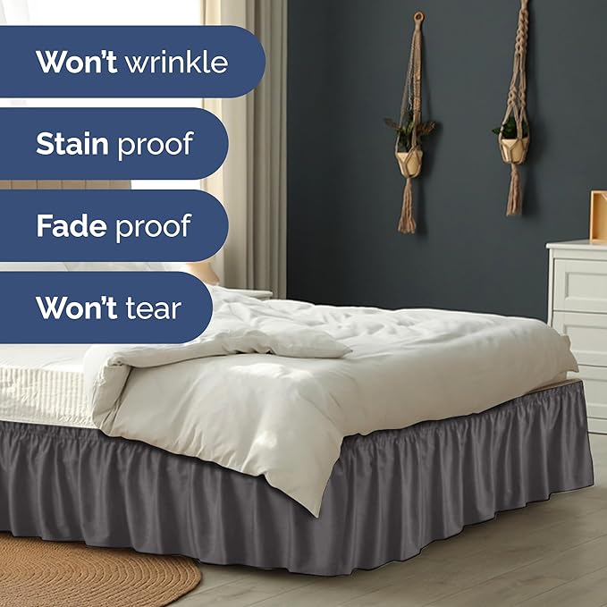 Wrap Around Dust Ruffle Bed Skirt - Dark Grey - for Full Size Beds with 12 Inch Drop - Elastic Strap - Adjustable Pleated Bedskirt with Brushed Fabric and Wrinkle Free - for Women, Men, Kids & Teens