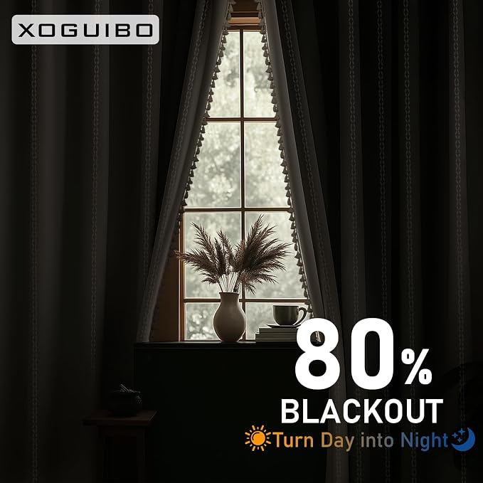 80% Boho Blackout Curtains 63 Inch Linen Blend Drapes 2 Panels | Vintage - Image 4