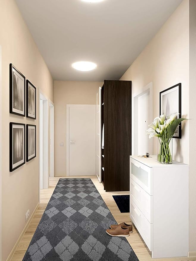 Custom Length Hallway Runner Rug,Slip Resistant,Squares Anthracite, 26 Inch X 18 feet, Sold and Priced Per Foot