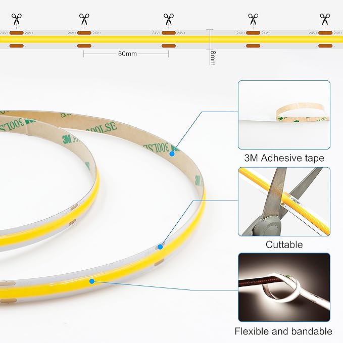 AXMOTUT 32.8ft COB LED Strip Light White, High Bright LED Strips with 320LEDs, RF Remote and UL Power Supply, 4000K Dimmable LED Lights for Bedroom,Kitchen, DIY Home Decoration, 2 Rolls of 16.4ft