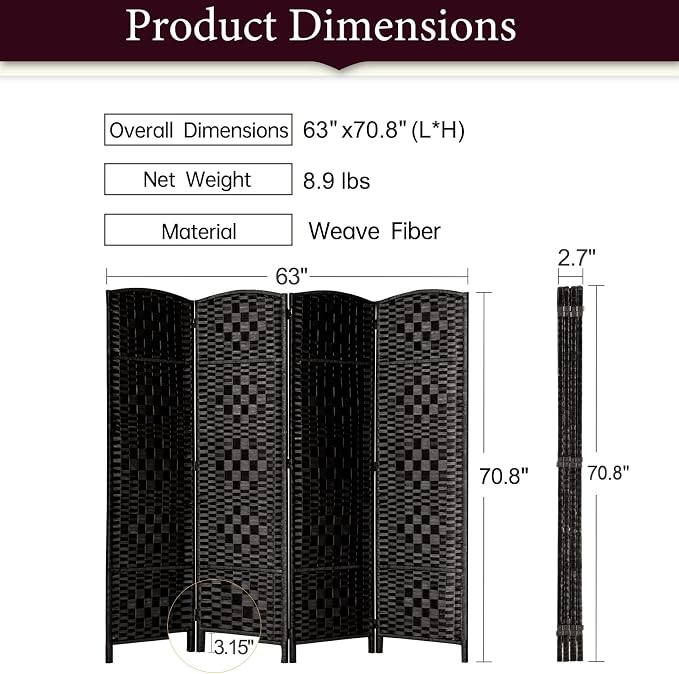 RHF Room Divider Panel, Partition Room Dividers, 4Panel Privacy Screen - Image 3
